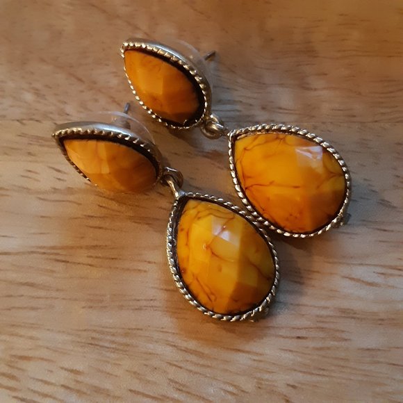 Gold Tone and Yellow Stone Earrings - Picture 2 of 3